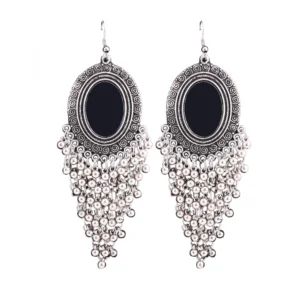 Women's Silver Oxidized Hook Dangler Hanging Afgani Tribal Fancy Earrings-Silver