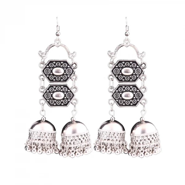 Women's Silver Oxidized Hook Dangler Hanging Afgani Tribal Fancy Earrings-Silver
