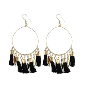 Women's Alloy Hook Dangler Hanging Bali Style Tassel Earrings-Black