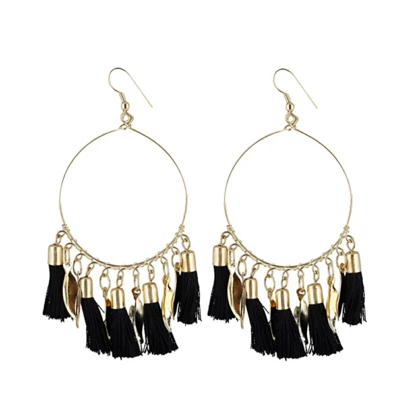 Women's Alloy Hook Dangler Hanging Bali Style Tassel Earrings-Black