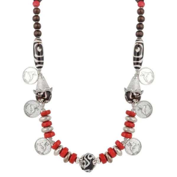 Designer Red Stone and Coin Tibetean Beads Necklace