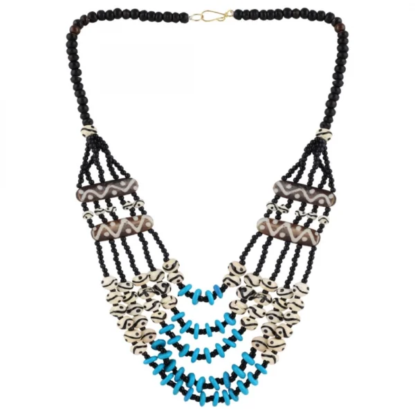 Five Layer Designer Bone Beads Tibetan Style Necklace (Color: Multi Color)