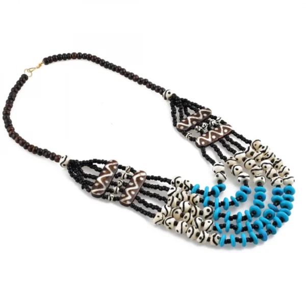 Five Layer Designer Bone Beads Tibetan Style Necklace (Color: Multi Color)