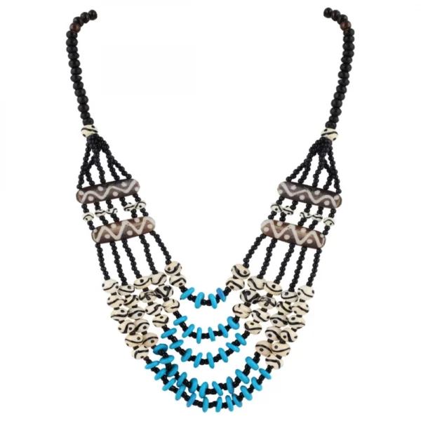 Five Layer Designer Bone Beads Tibetan Style Necklace (Color: Multi Color)