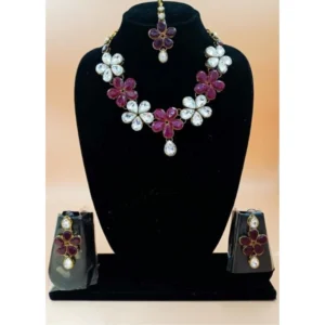 Women's Elegent Kundan And Stone Necklace Set (Red, Free Size)