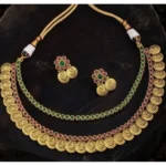 Women's Ethnic Double Line Laxmi Coin Jewellery Set (Red And Green, Free Size)