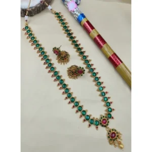 Women's Classic Copper Kempu Haram Jewellery Set (Green, Free Size)