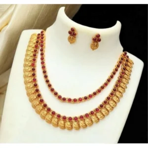 Women's Ethnic Double Line Laxmi Coin Jewellery Set (Red, Free Size)