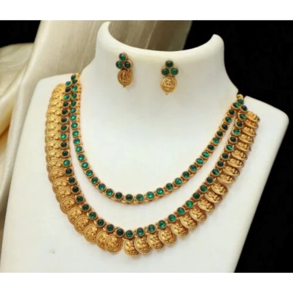 Women's Ethnic Double Line Laxmi Coin Jewellery Set (Green, Free Size)