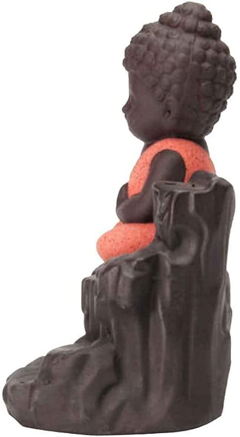 Handcrafted Meditating Little Baby Monk Buddha Smoke Backflow Cone Incense Holder with 10 Incense Cones