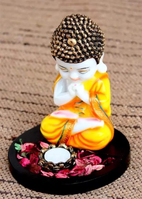 Handcrafted Little Baby Monk with Tealight Holder Wooden Base Decorative Showpiece - 22 cm (Poly resin, Multicolor)