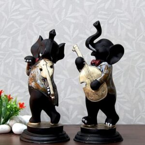 Handpainted Set of 2 Dancing Ganesh Playing Musical Instruments Decorative Showpiece - 28 cm (Poly resin, Multicolor)