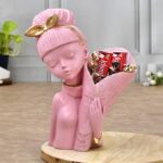 Decorative Flower Pink Lady Face with Basket Statue for Home Décor Showpiece Figurine