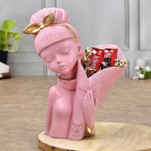 Decorative Flower Pink Lady Face with Basket Statue for Home Décor Showpiece Figurine