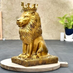Regal Golden Lion Statue with Crown Sculpture Showpiece Figurine