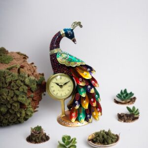 Latest Stylish Decorative Metal Peacock Table Clock for Table Decor and Gift | Antique Handcrafted Hanpainted Peacock | Multicolour