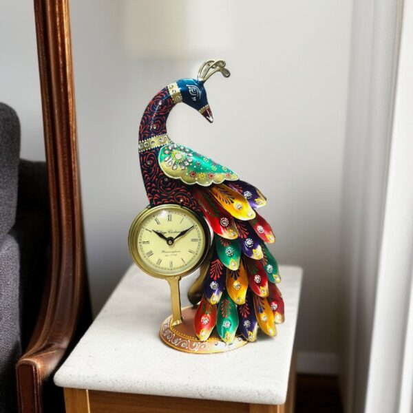 Latest Stylish Decorative Metal Peacock Table Clock for Table Decor and Gift | Antique Handcrafted Hanpainted Peacock | Multicolour