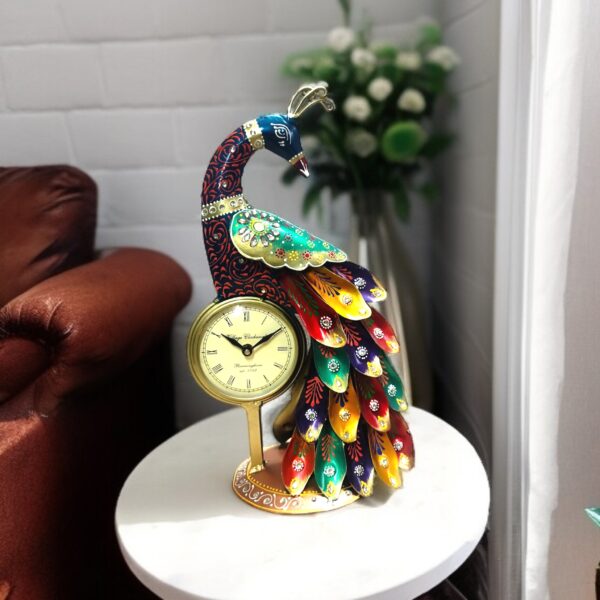 Latest Stylish Decorative Metal Peacock Table Clock for Table Decor and Gift | Antique Handcrafted Hanpainted Peacock | Multicolour